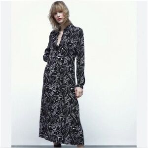 Zara Carlotta Printed Shirt Dress Size S Black Chiffon Collared Long Sleeves